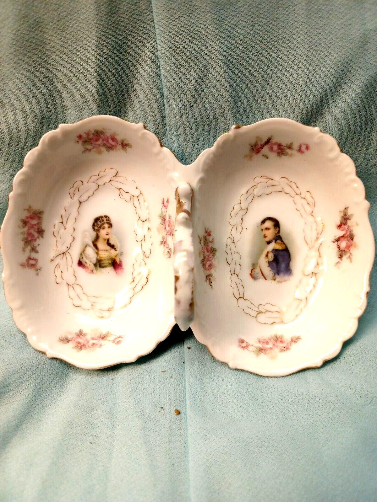 NAPOLEON and JOSEPHINE PAINTED DISH Antique Candy MINT Double EGG