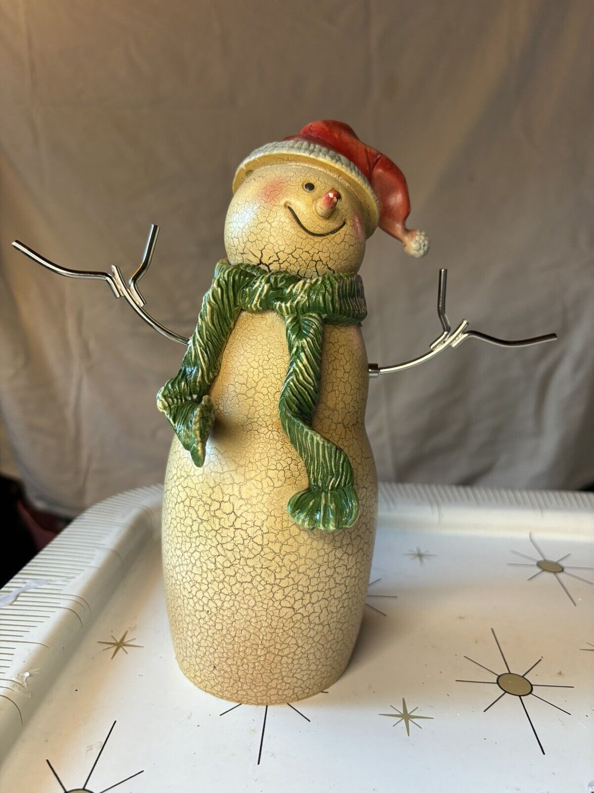 Christmas Snowman  Figurine Crackle Finish Folk Art removable arms 9 inches