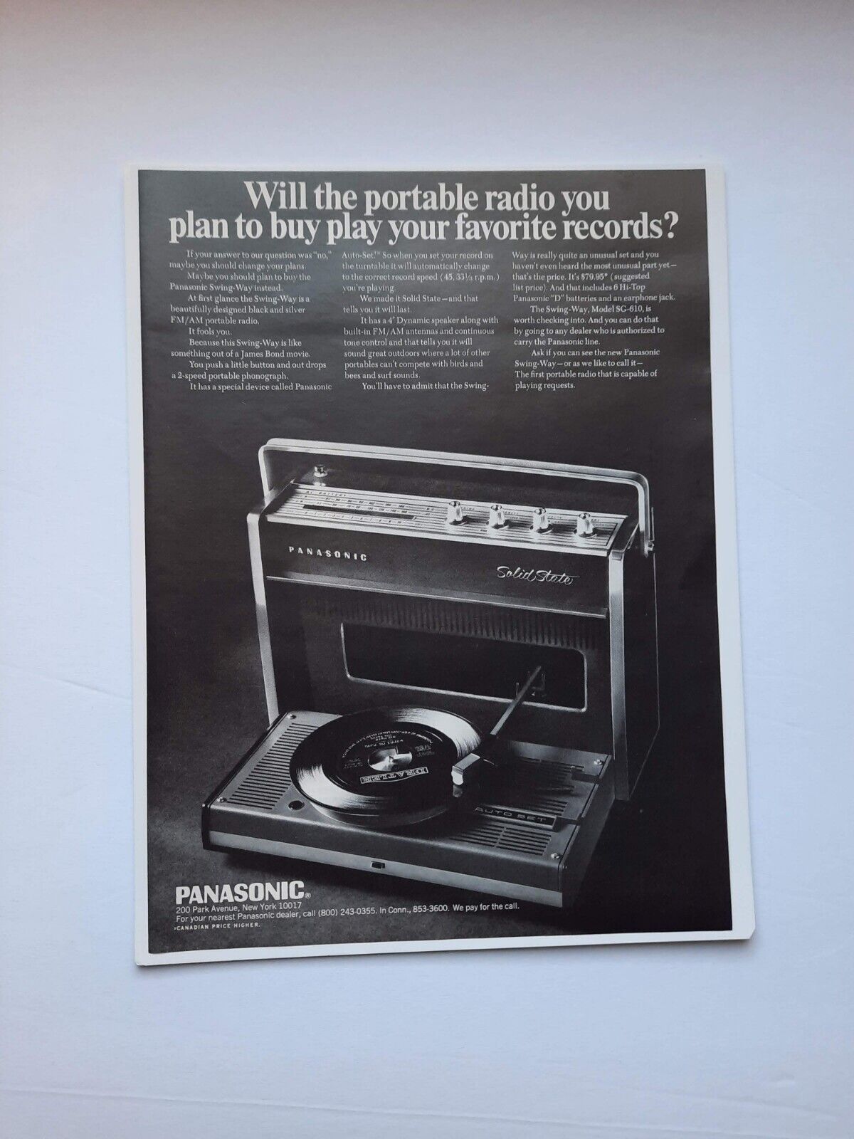 1968 Panasonic Portable Swing-Way Phonograph/AM FM Radio photo vintage print ad