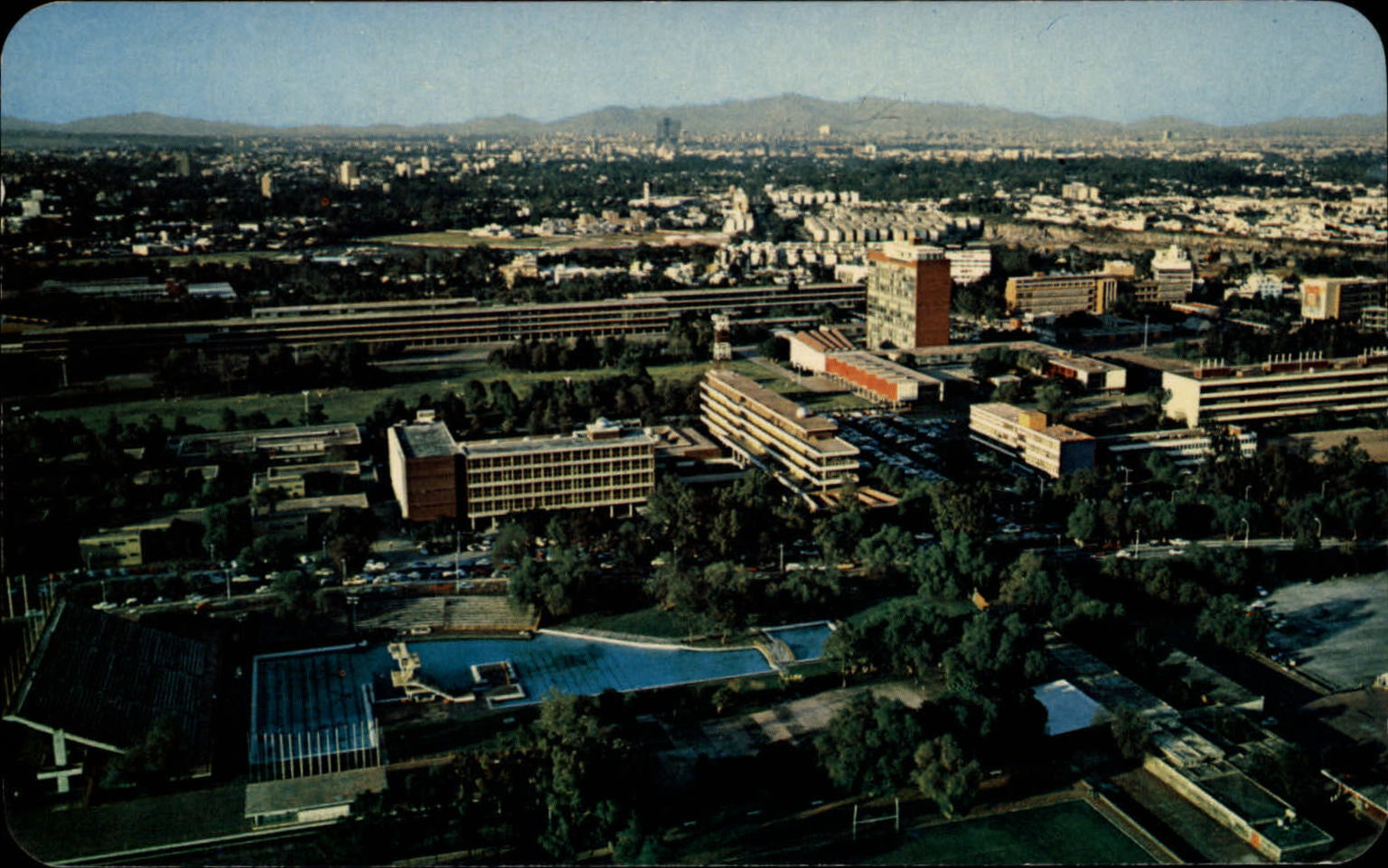 Mexico National University aerial Mexico City swimming pool ~ 1950-60s postcard