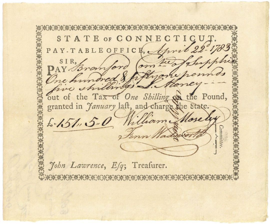 1783 dated Pay Table Office Order from War Taxes - Connecticut - American Revolu