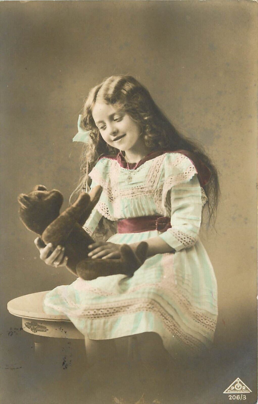 Studio RPPC Postcard; Girl Loves her Teddy Bear Hand-Colored Posted 1913 England