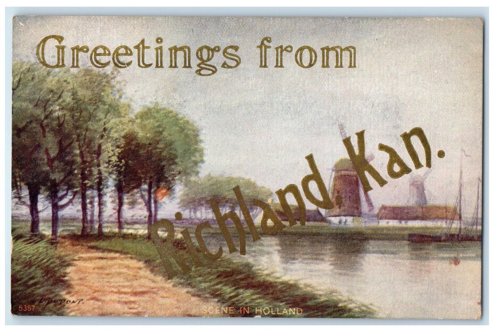 c1910 Greetings From Scene Holland Windmills Exterior Richland Kansas Postcard