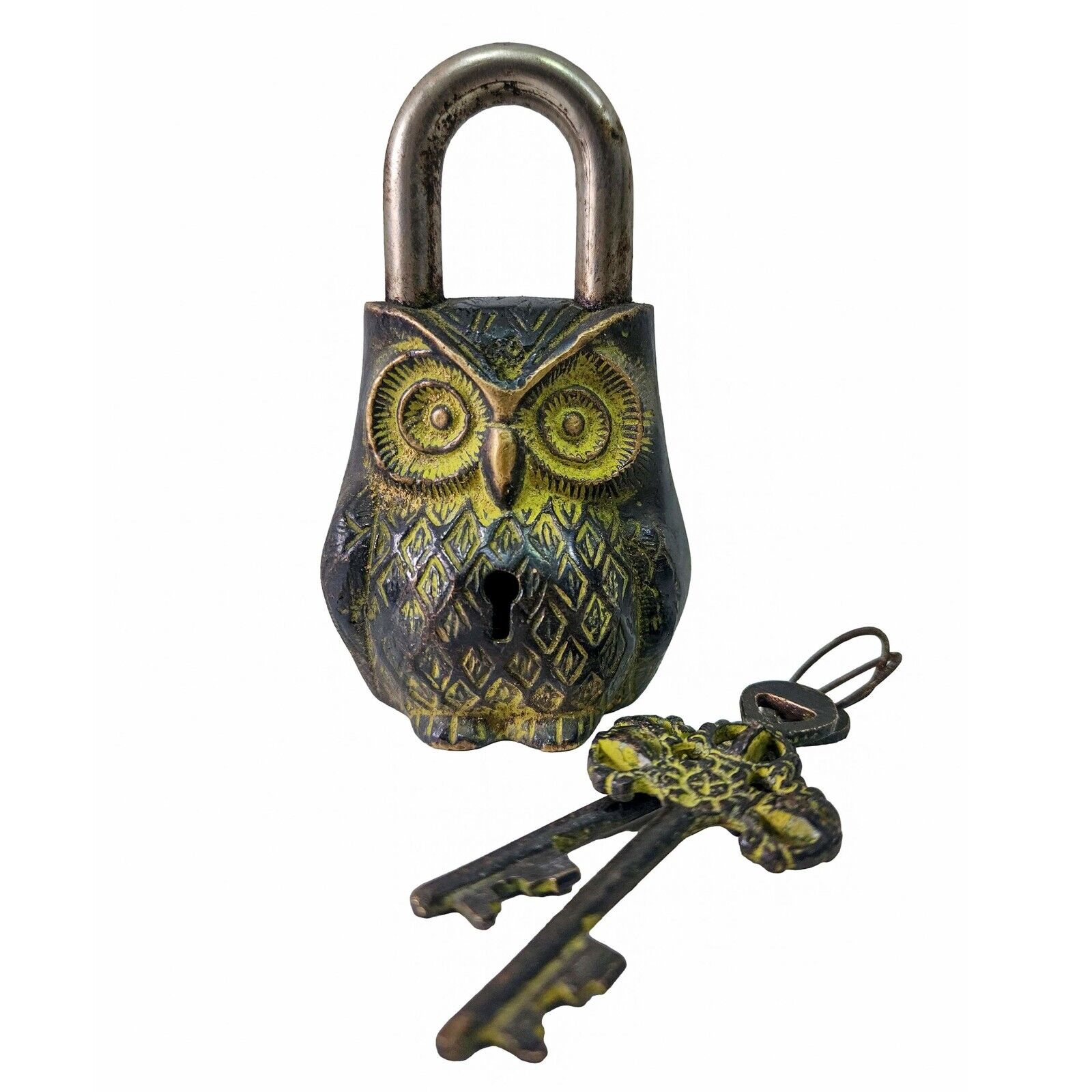 Antiqued Old Patina Brass Owl Bird Padlock Vintage Handmade Keys Tibetan Lock