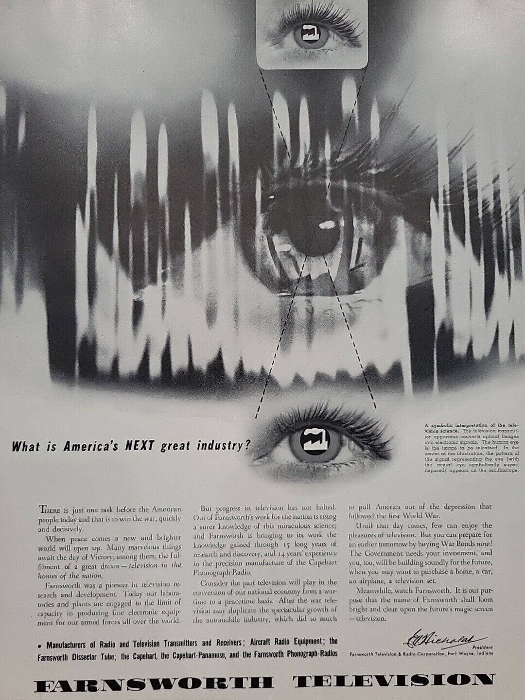 1942 Farnsworth Television Fortune WW2 Print Ad Q4 Eyes America\'s Next Industry