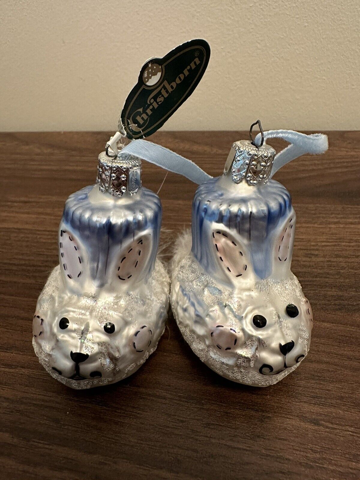 2 Vintage Christborn Blown Glass Blue Boy Baby Booties Ornaments Made In Germany