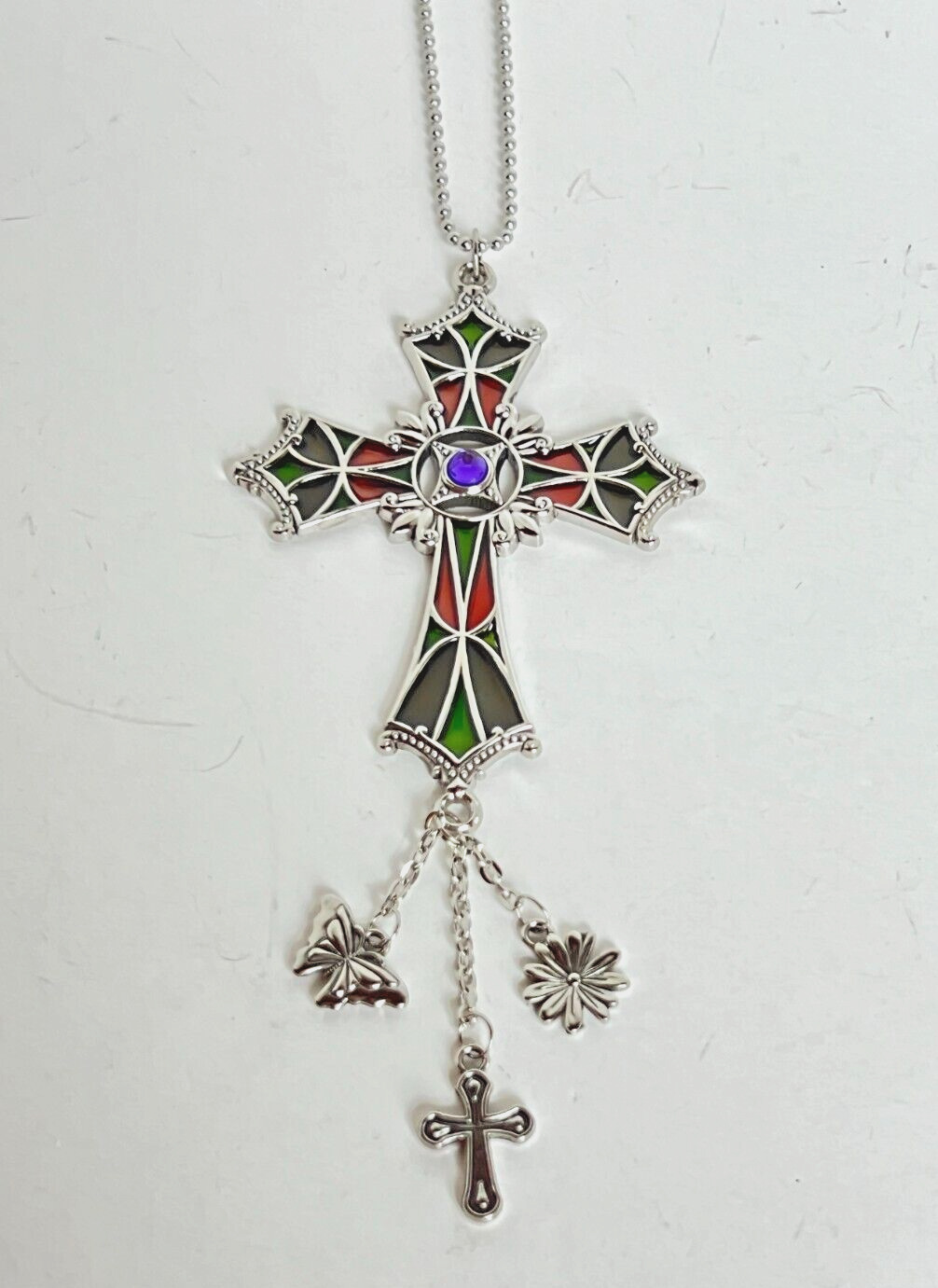 Ganz Stain Glass Look CROSS Car Charm Ornament w/3 Dangle charms Pink/Blue/Green