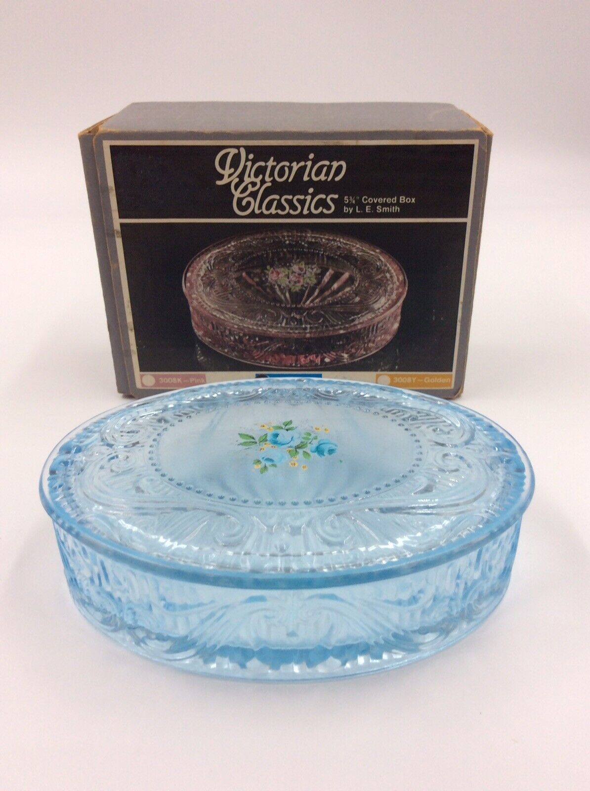 Vintage L.E. Smith Blue Glass Covered Box Victorian Classics New In Box  Flowers