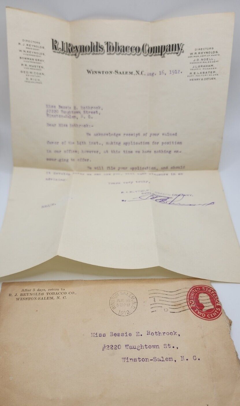 R.J. Reynolds Tobacco Company 1912 Ephemera Job Rejection Letter Envelope N.C. 