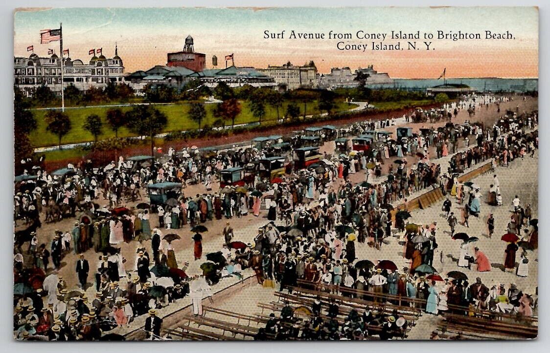 Coney Island NY Surf Ave From Coney Island To Brighton Beach 1920s Postcard C33