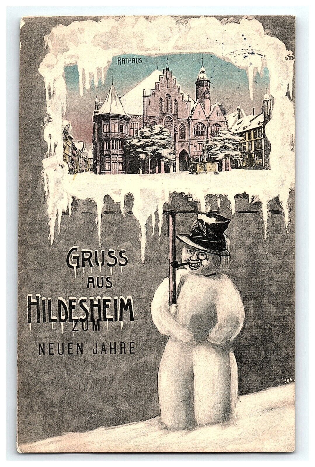 Christmas New Years Card Snowman Top Smoking Pipe Top Hat Postcard Hildesheim