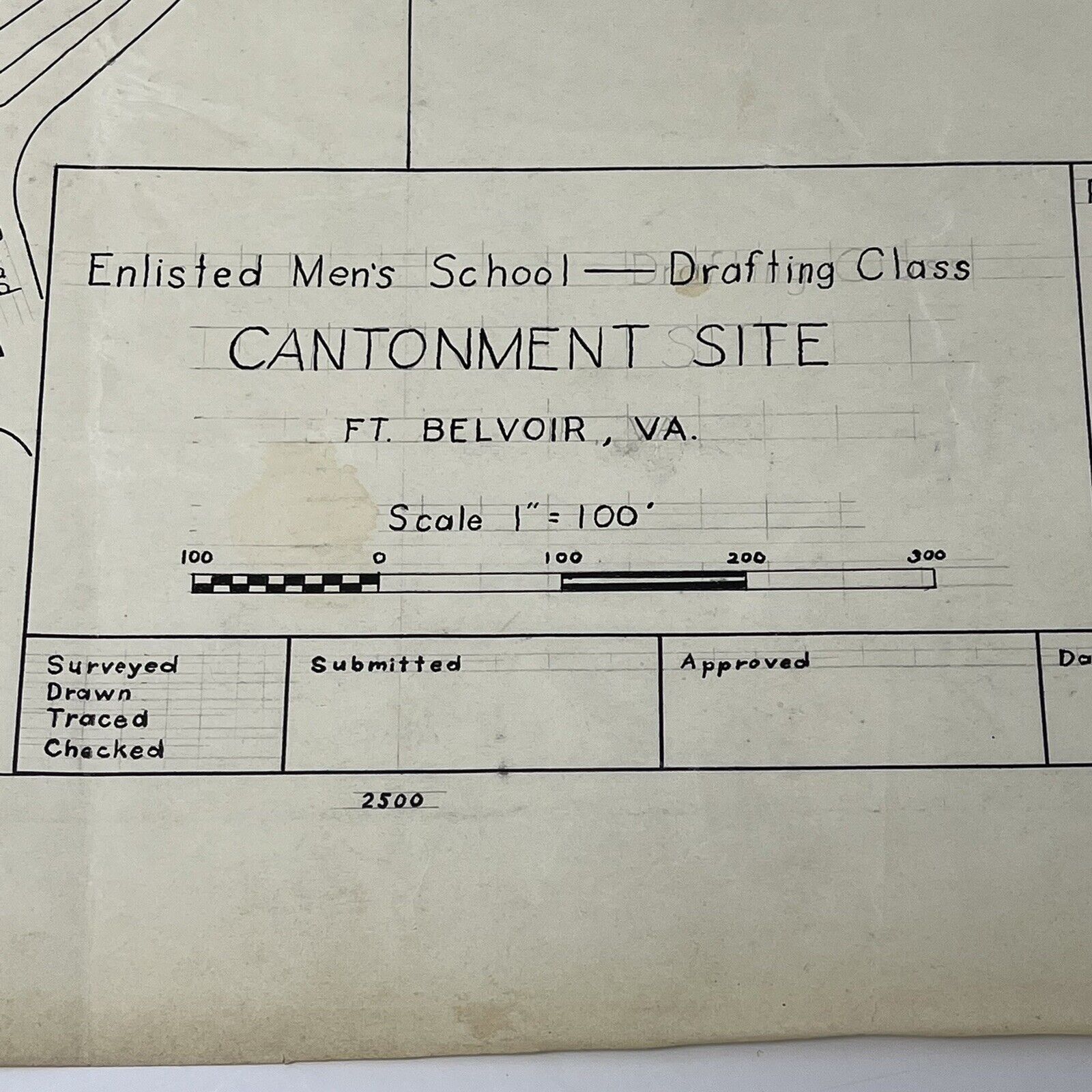 1943 Fort Belvoir VA Enlisted Men's School Drafting Class Hand Drawn Camp Map FT