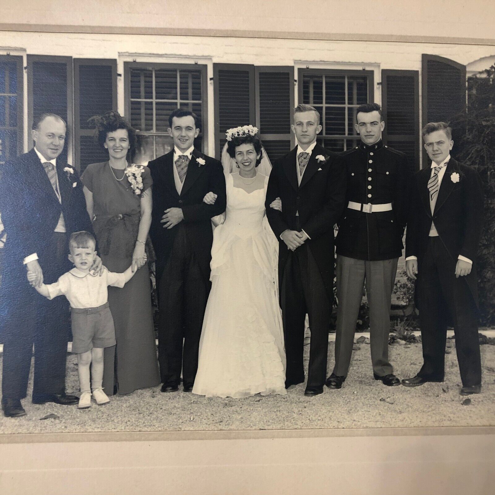 Vintage Wedding Family Portrait Picture Photo 12x11” Bride Groom Solder Army