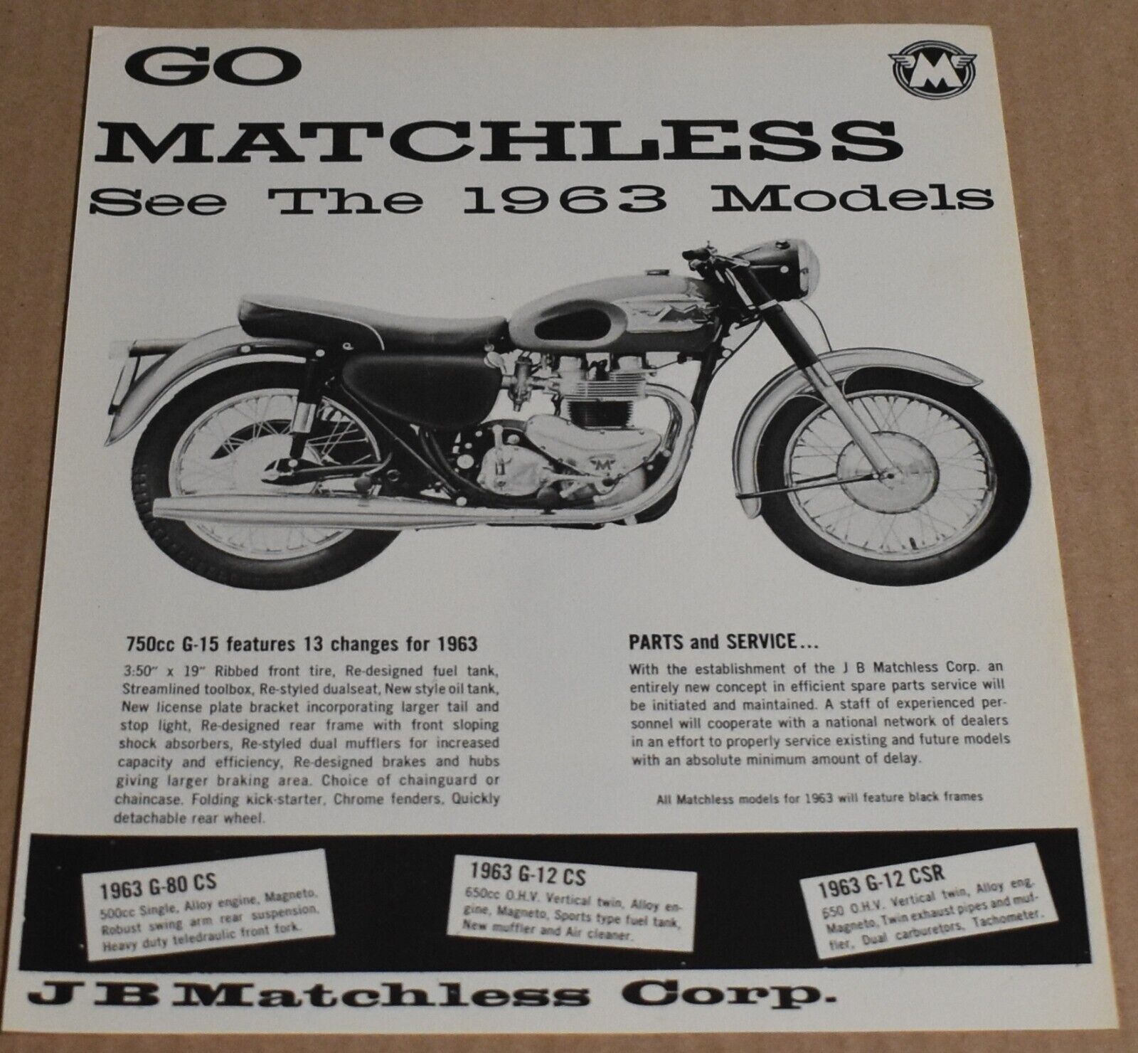 1963 Print Ad Go Matchless JB Motorcycle 750cc G-15 Parts Service Original Art