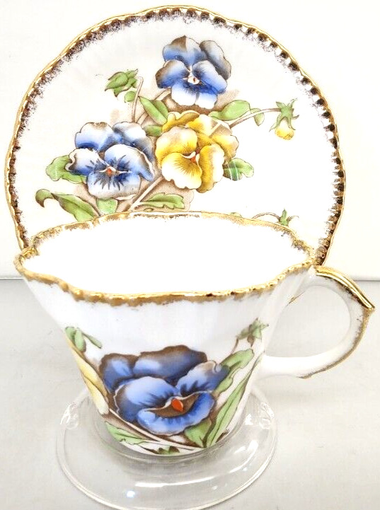 Salisbury Teacup and Saucer Pansy Flowers English Fine Bone China Vintage