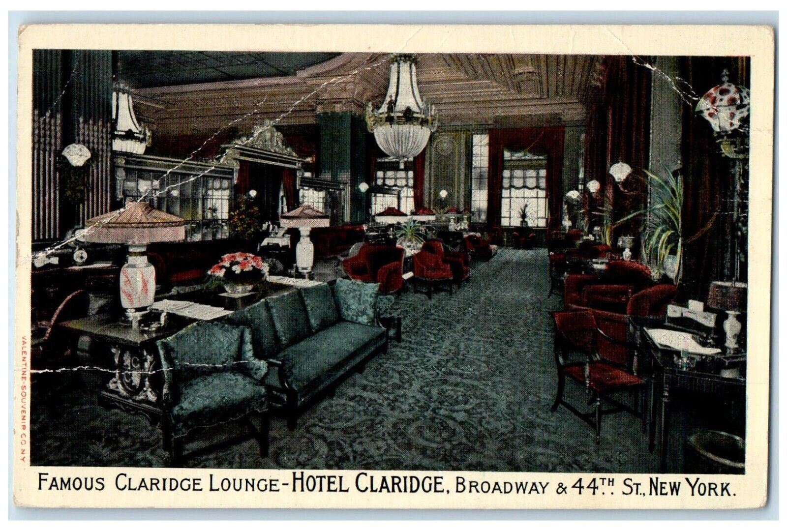 1915 Famous Claridge Lounge Hotel Claridge Broadway New York NY Vintage Postcard