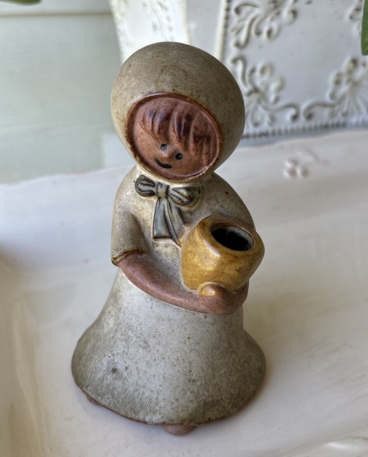Vintage UCTCI Stoneware Girl Figurine Holding Flower Pot Jug Vase