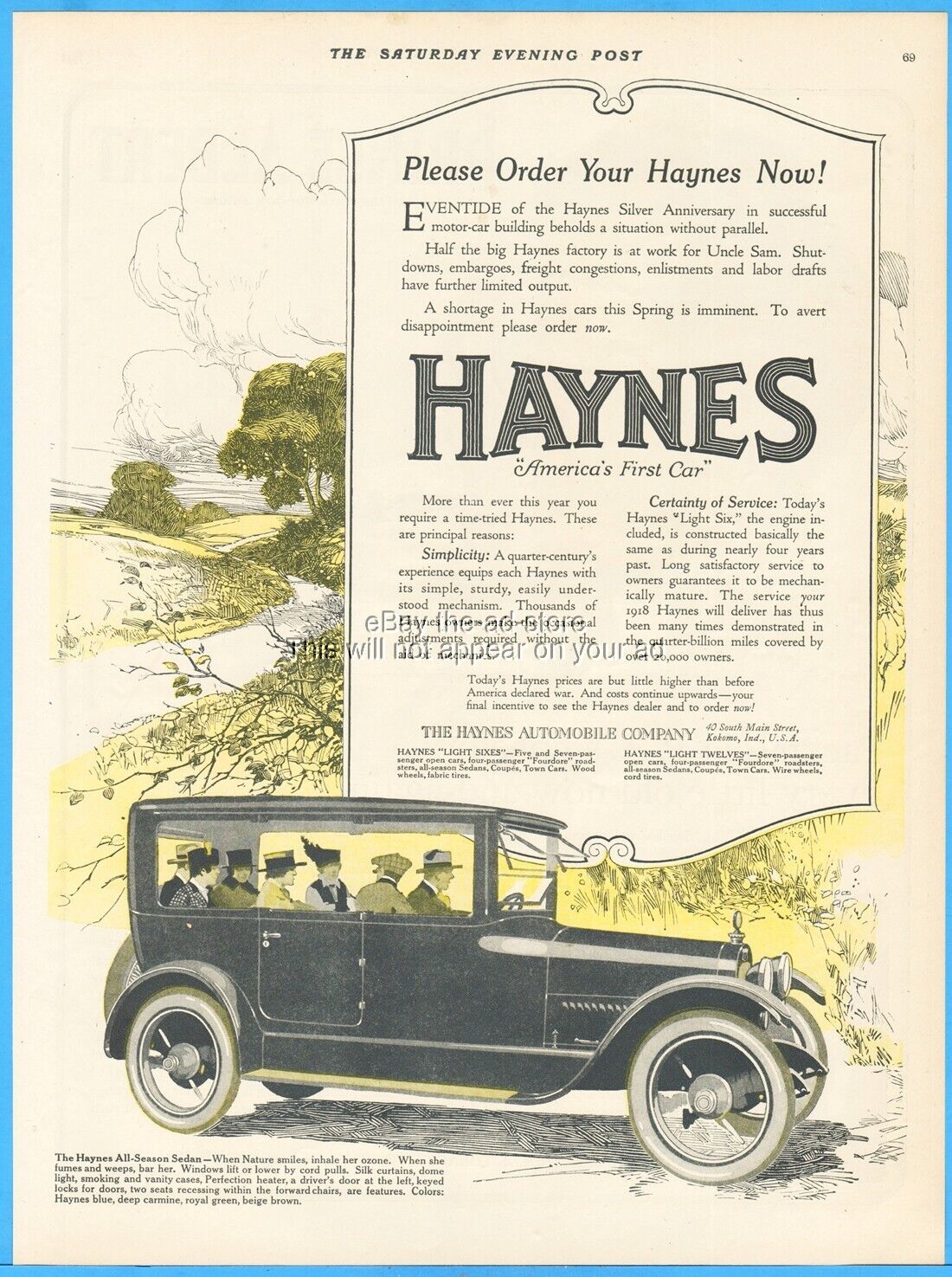 1918 Haynes Automobile Co Kokomo Indiana Closed Motor Car All-Season Six Sedan