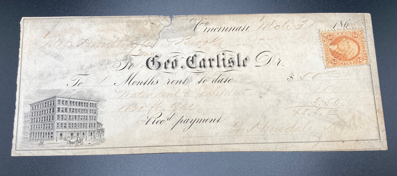 1865 Huntington & Brooks Rent Receipt To Geo. Carlisle Dr. CINCINNATI 2c IR RARE