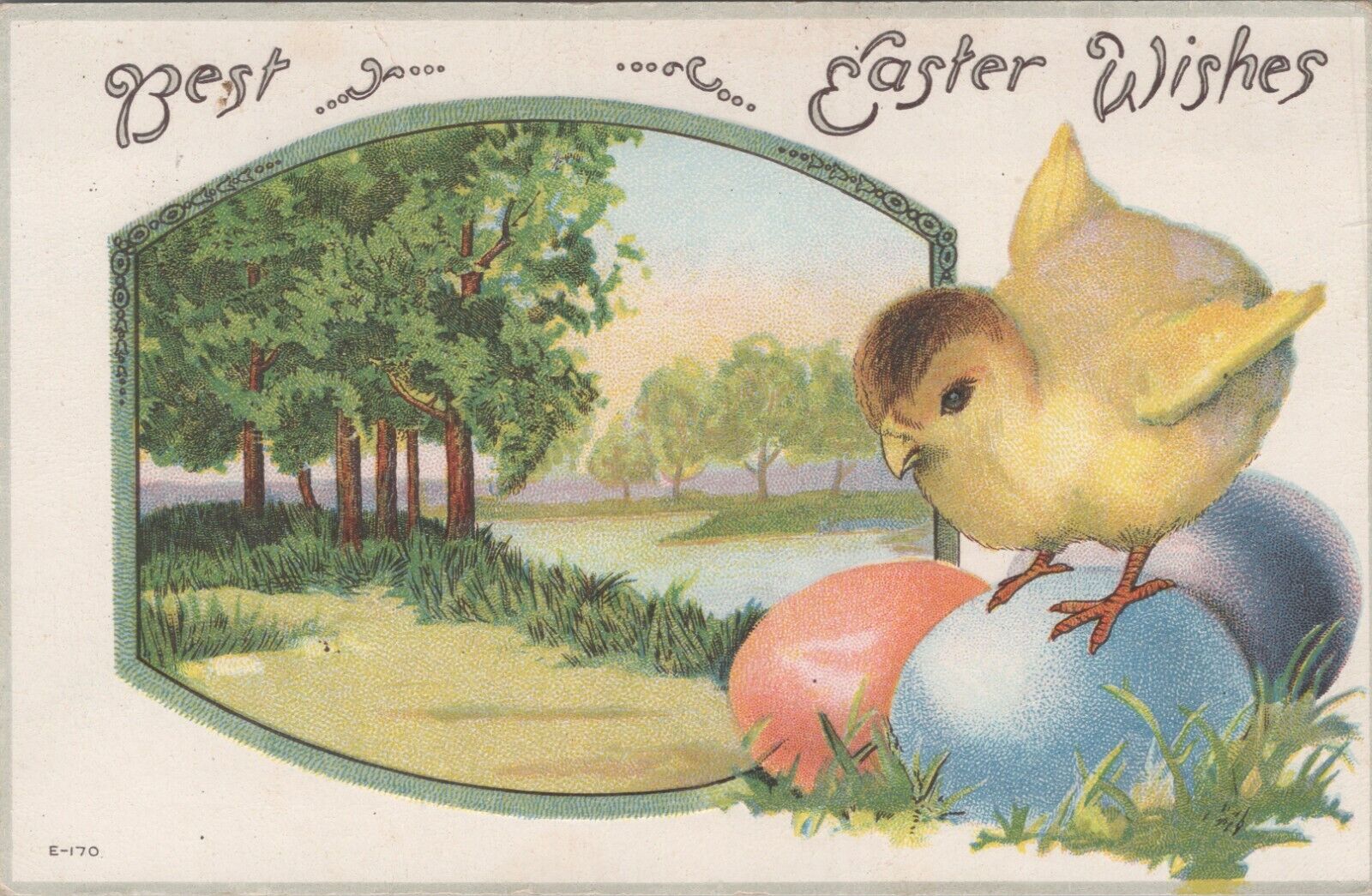 Easter Wishes chick balancing on eggs scene embossed c1910-1920 postcard C612