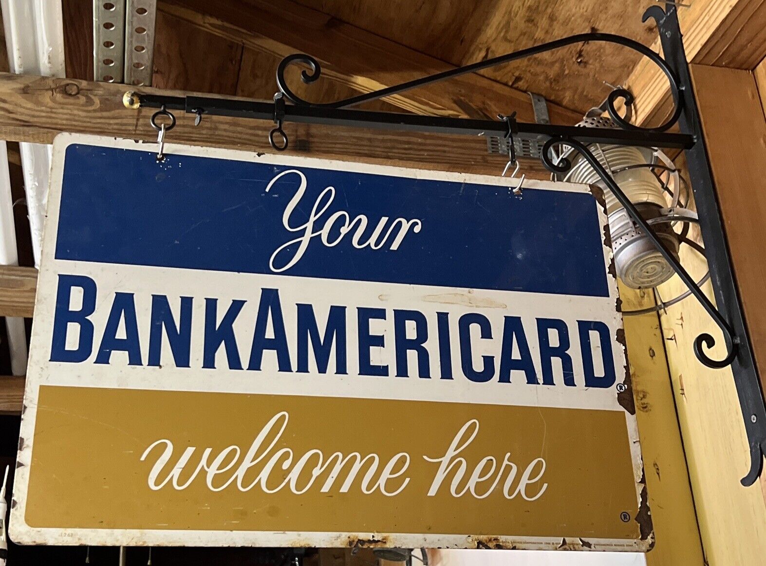 Vintage 1968 BANKAMERICARD Gas Station Double-Sided Tin Sign w/wall mounting bar