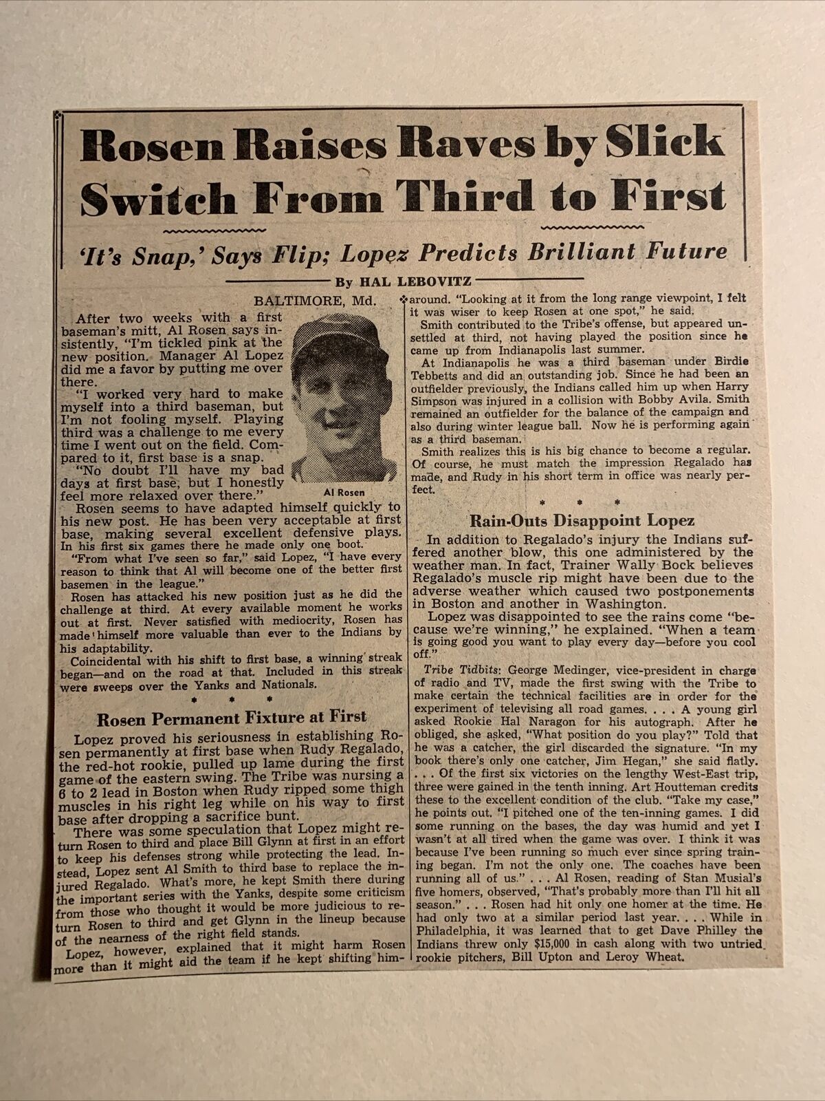 Al Rosen Cleveland Indians 1954 Sporting News Baseball 6X8 Panel