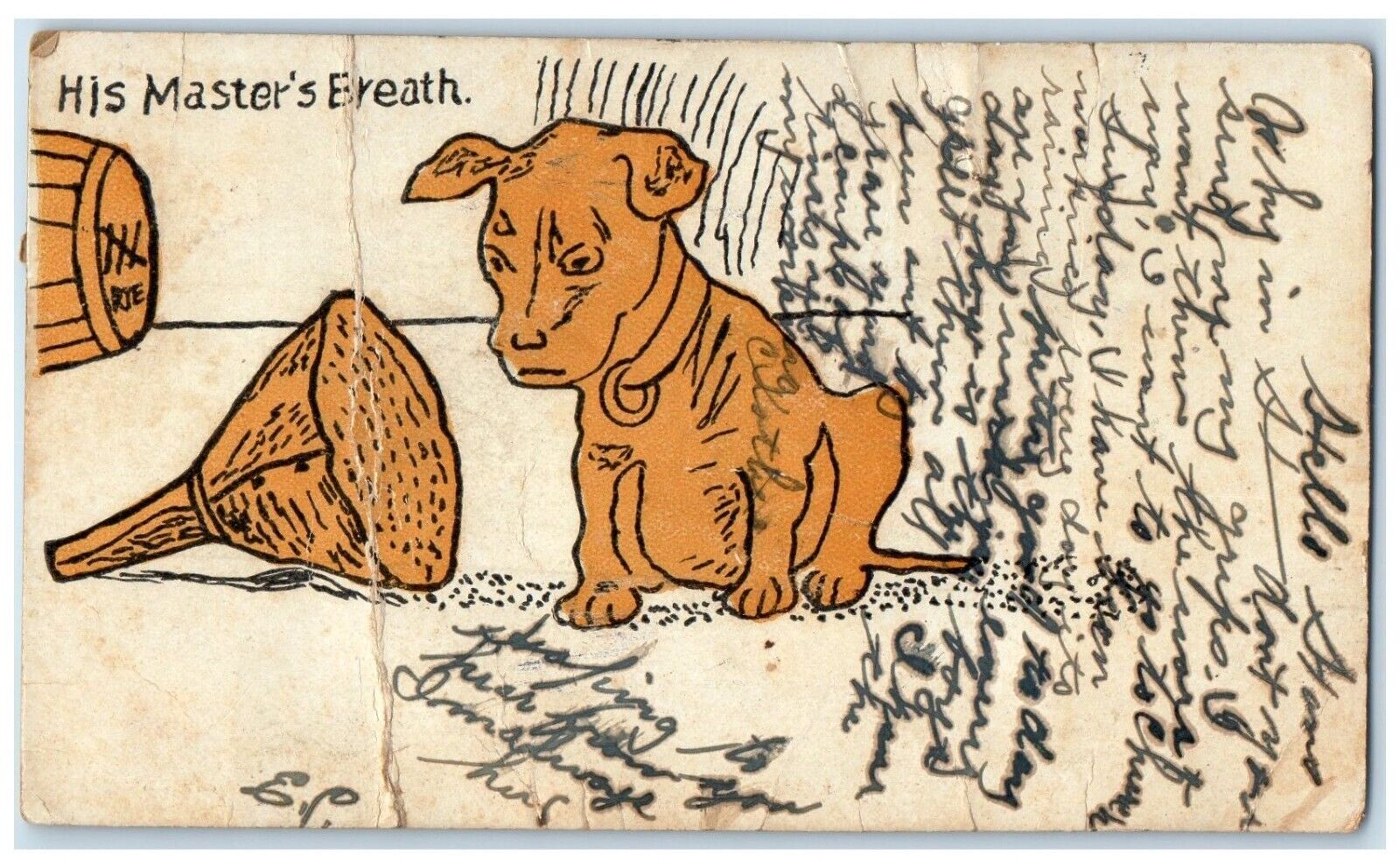 1908 His Master\'s Ereath Alocohol Dog Sitting Rye Iowa Vintage Antique Postcard