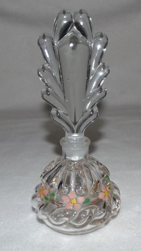 Vintage Clear Imperial Glass Floral Perfume Bottle Feather Leaf Shaped Stopper