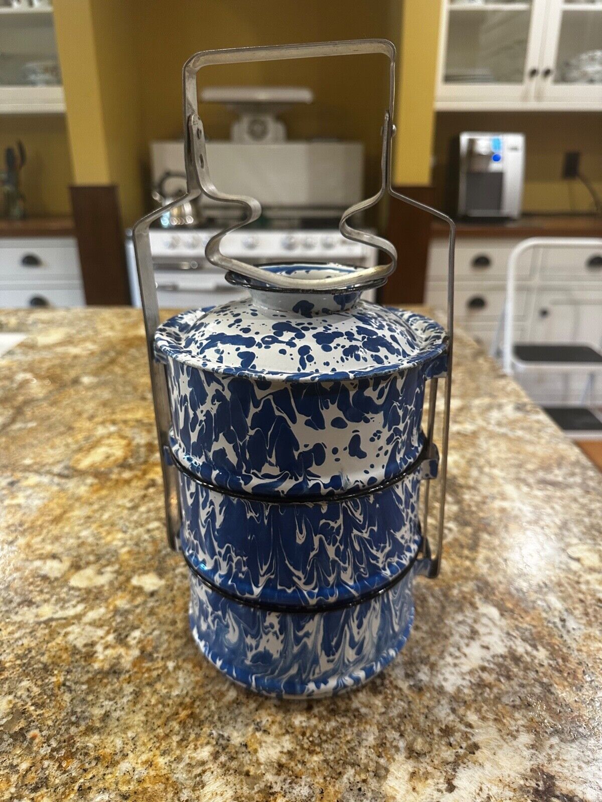 RARE Vintage Blue and White Swirl Graniteware Dinner/Lunch Pail