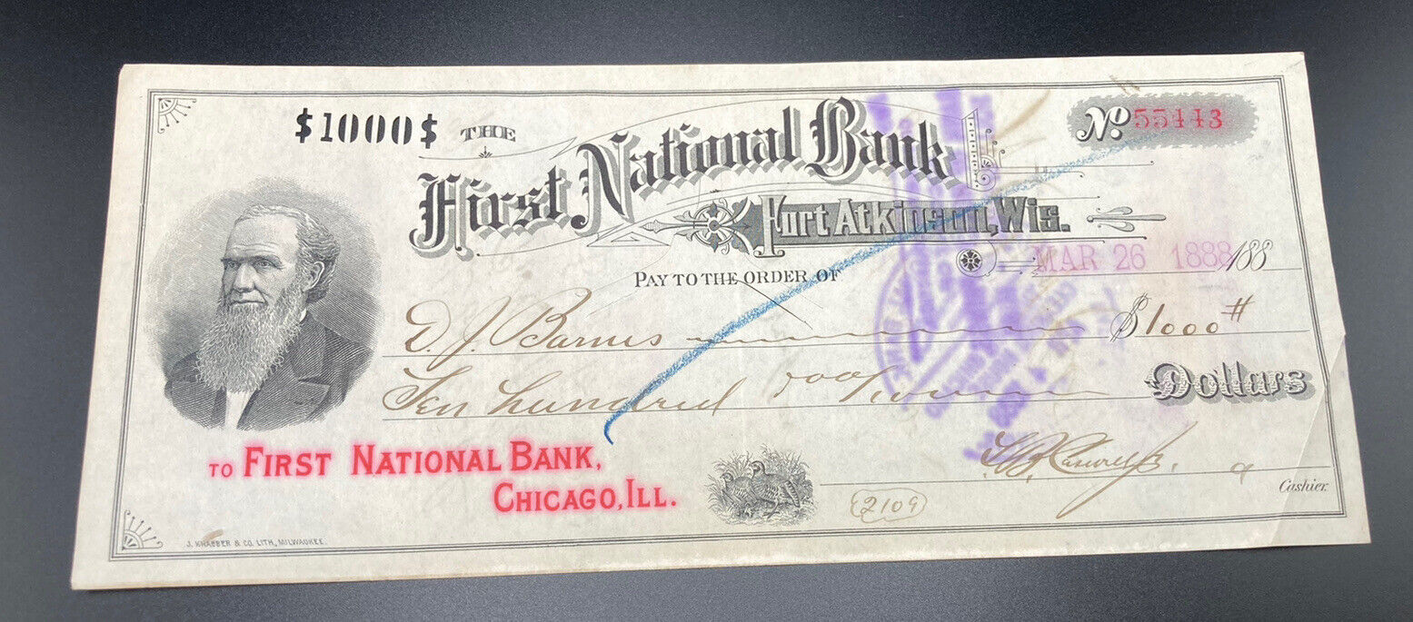 1888 First National Bank FORT ATKINSON WI Pay to the Order Voided Big $1k Check