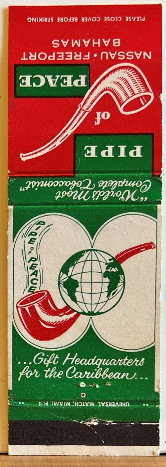 Pipe of Peace Nassau Freeport Bahamas Tobacconist Vintage Matchbook Cover