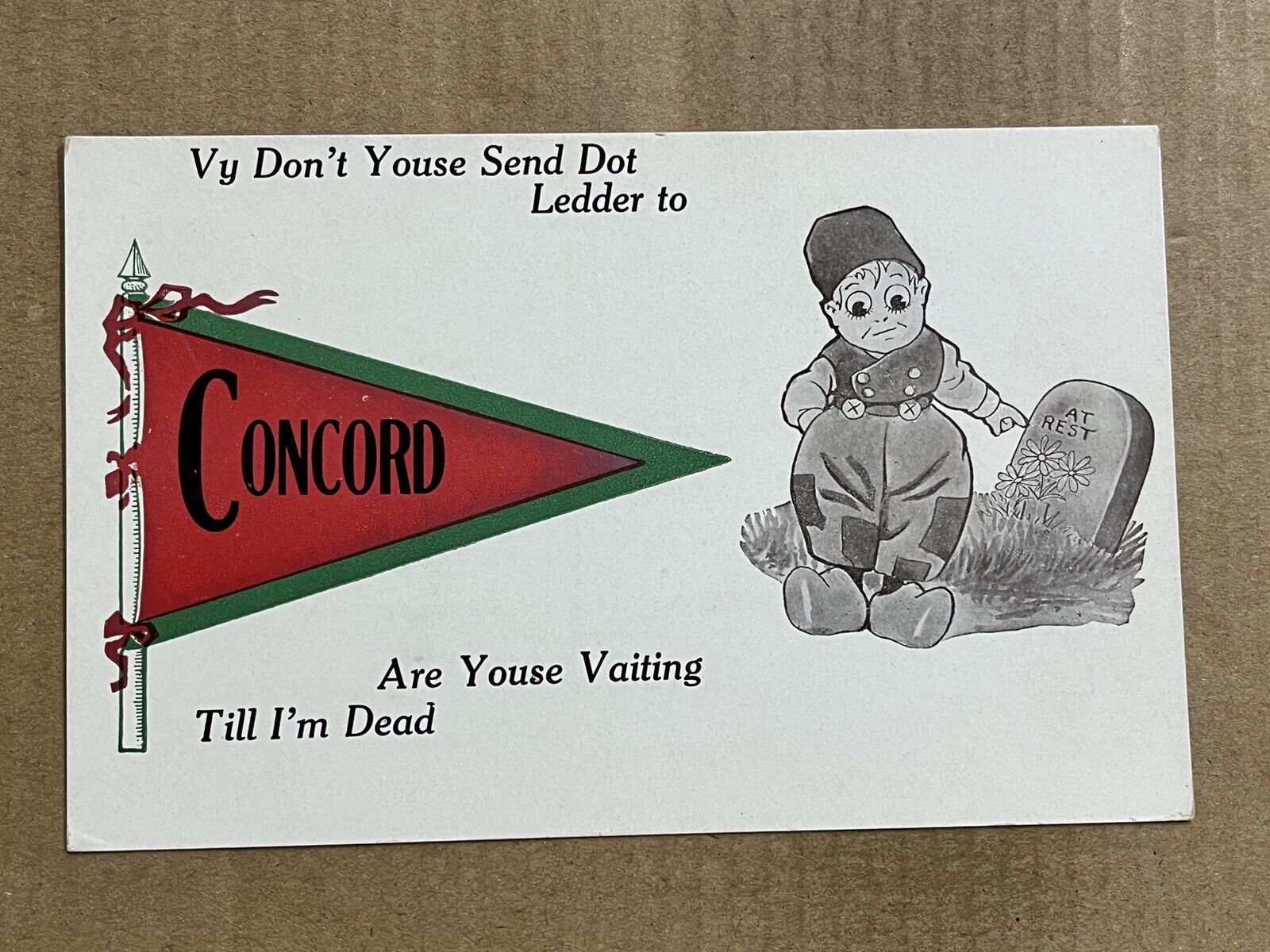 Postcard Concord MA Massachusetts Dutch Kid Pennant Flag Greetings Vintage PC