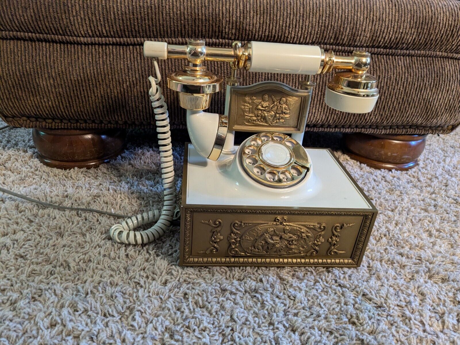 Vintage DECO-TEL French Victorian Style Ivory & Gold Rotary Dial Phone