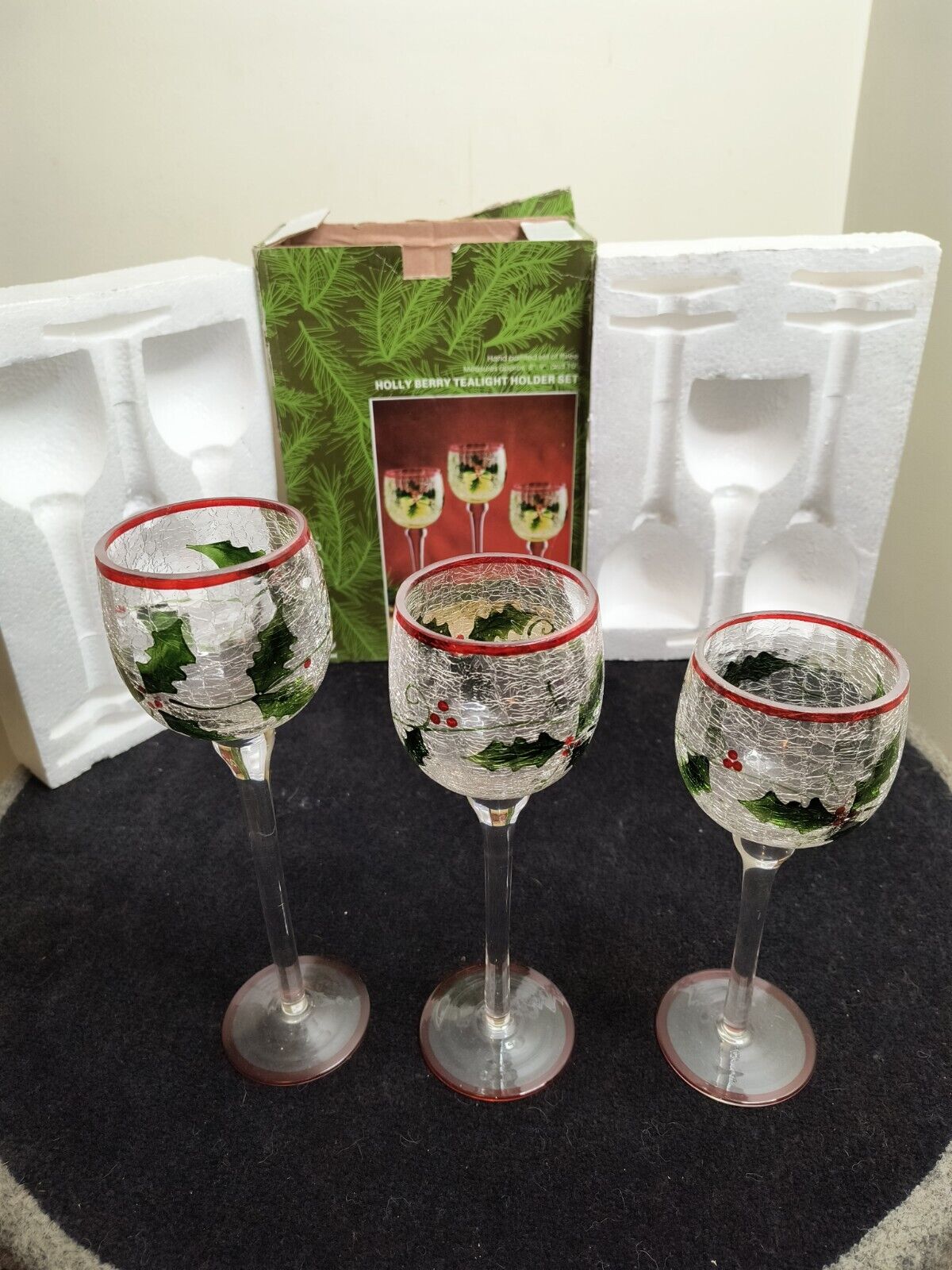 Kirkland’s Christmas Glass Holly Berry Hand Paint Tealight Holder 3 Set In Box