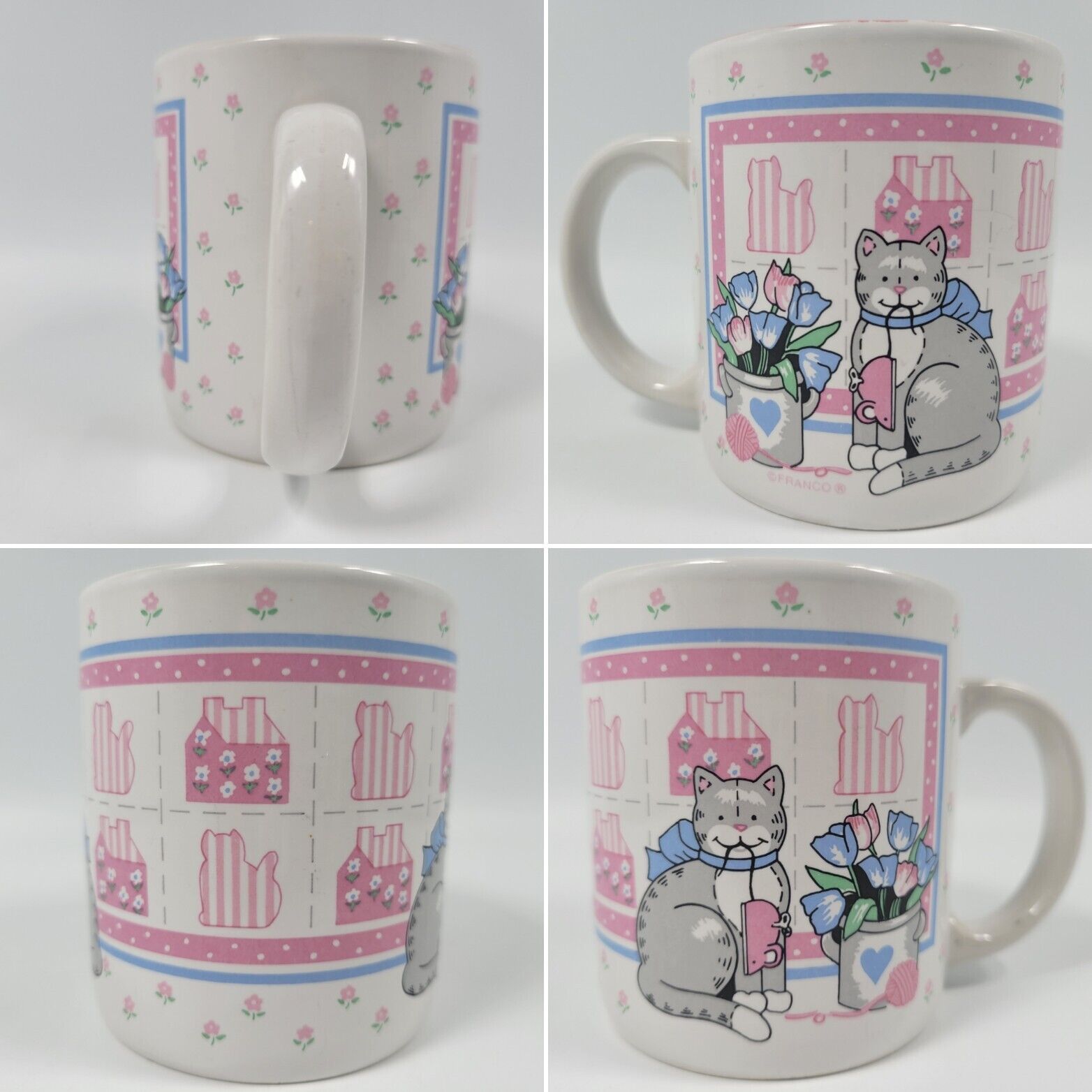 VTG Gray Cat W/ Toy Mouse Pastel Patchwork Tea Coffee Mug Cup Grandma Core