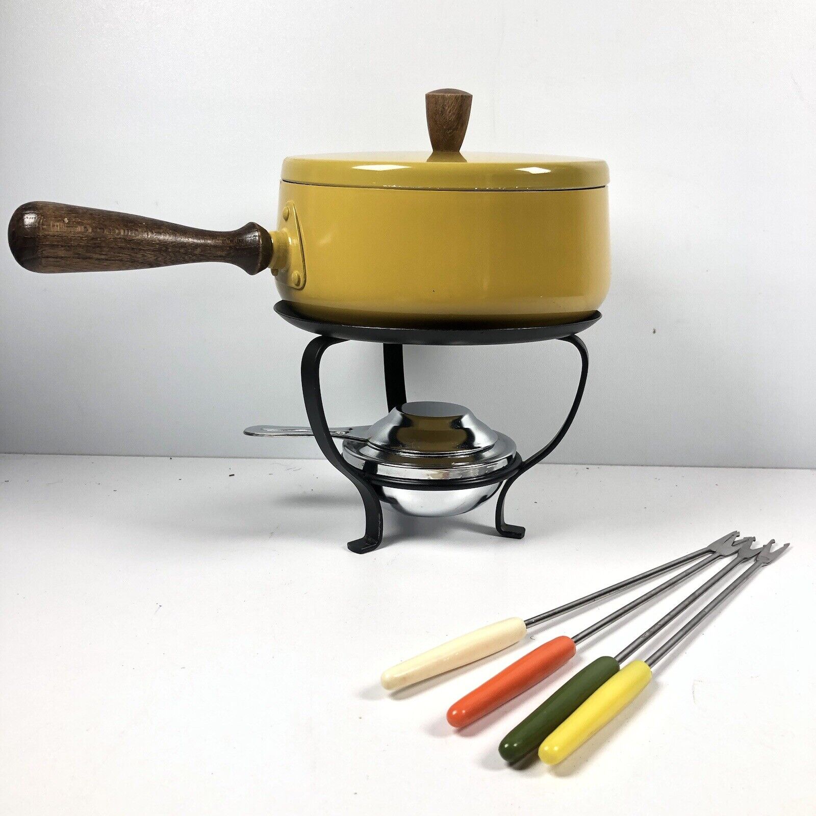 Vtg Mid Century Modern Yellow Fondue Pot Set Chafing Burner Teak Handle Japan
