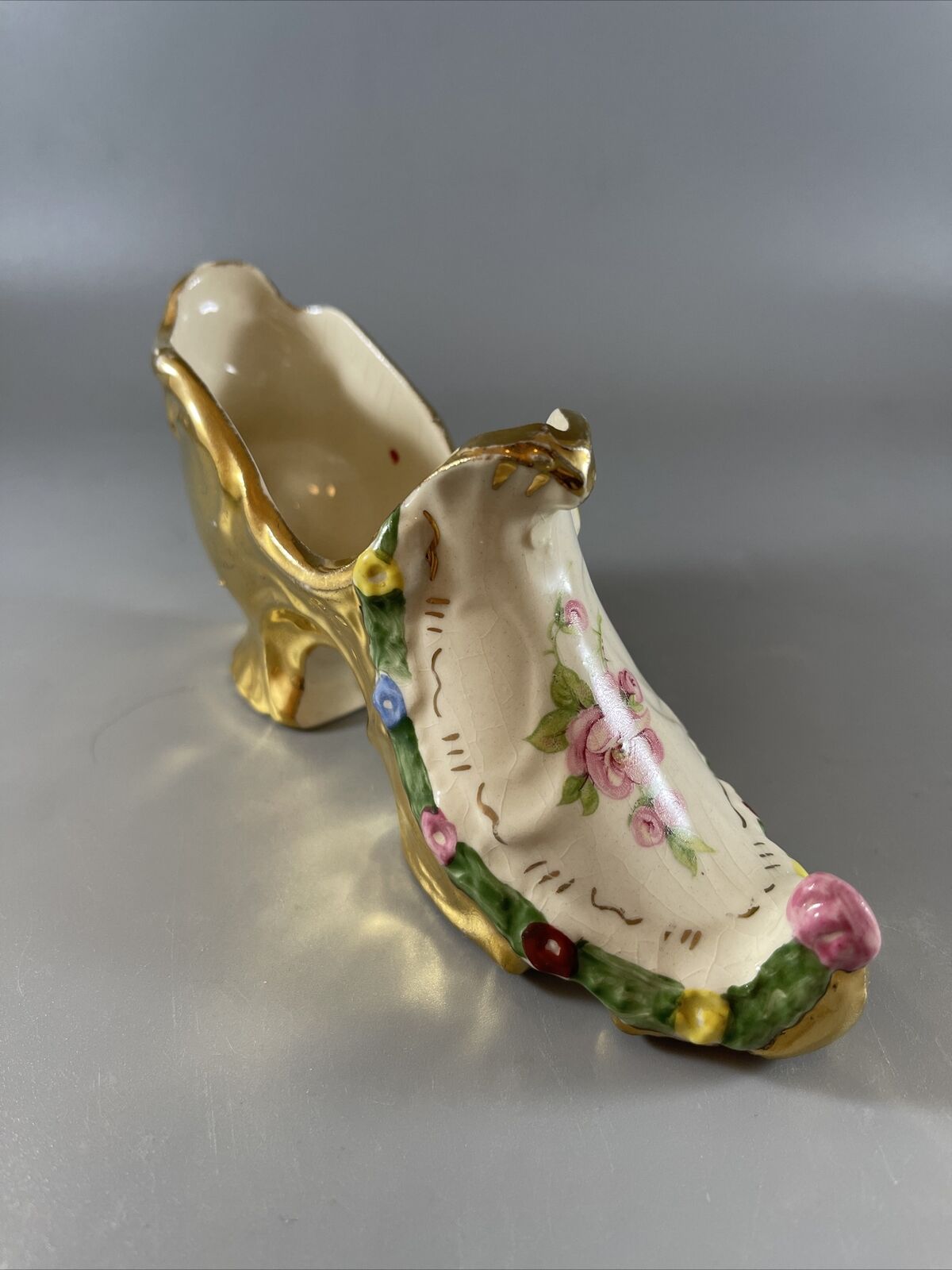 Vintage Victorian Style Ladies Shoe Minature Handpainted Gold Trim