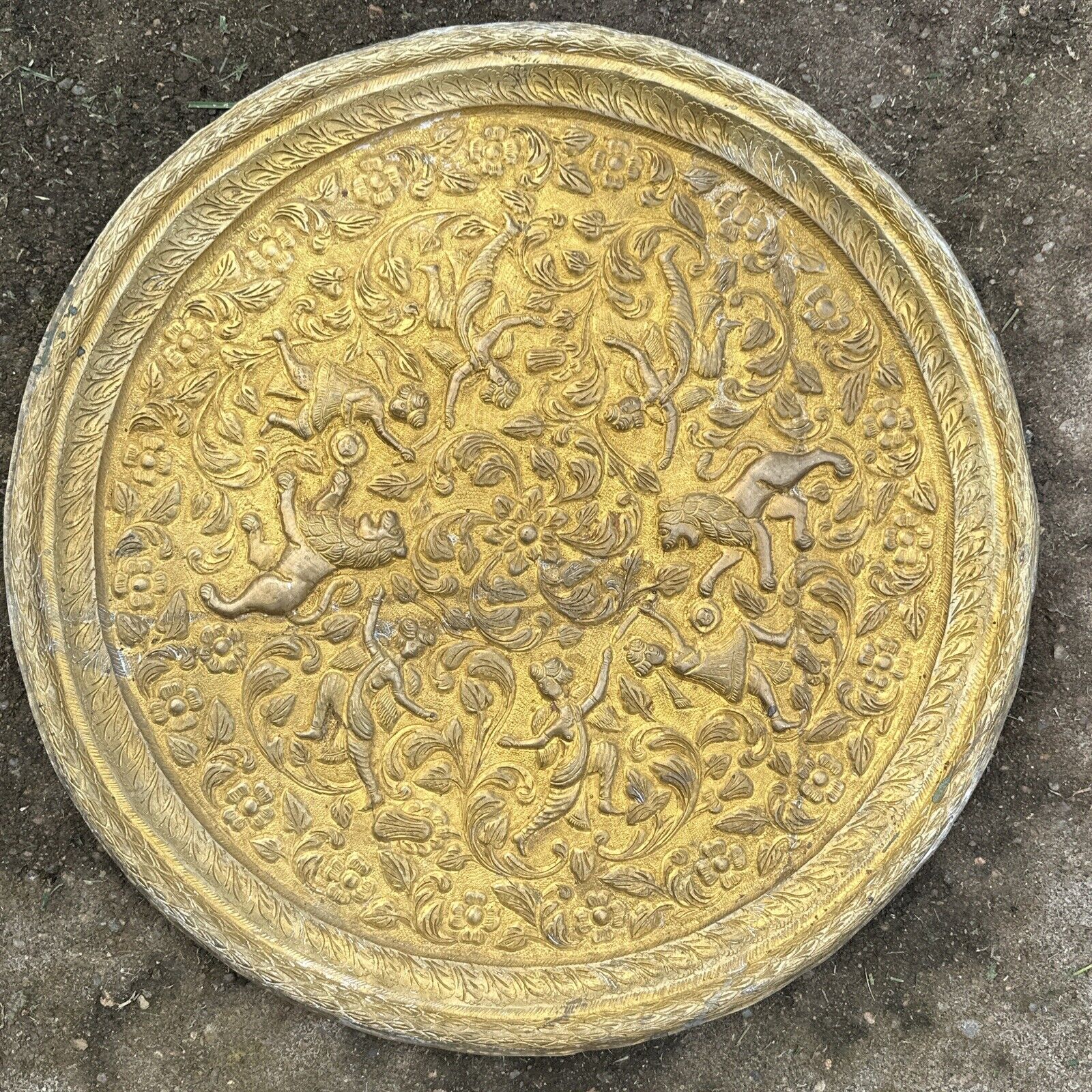 Vintage Heavily Embossed Brass Platter, with Lions and Winged Figures