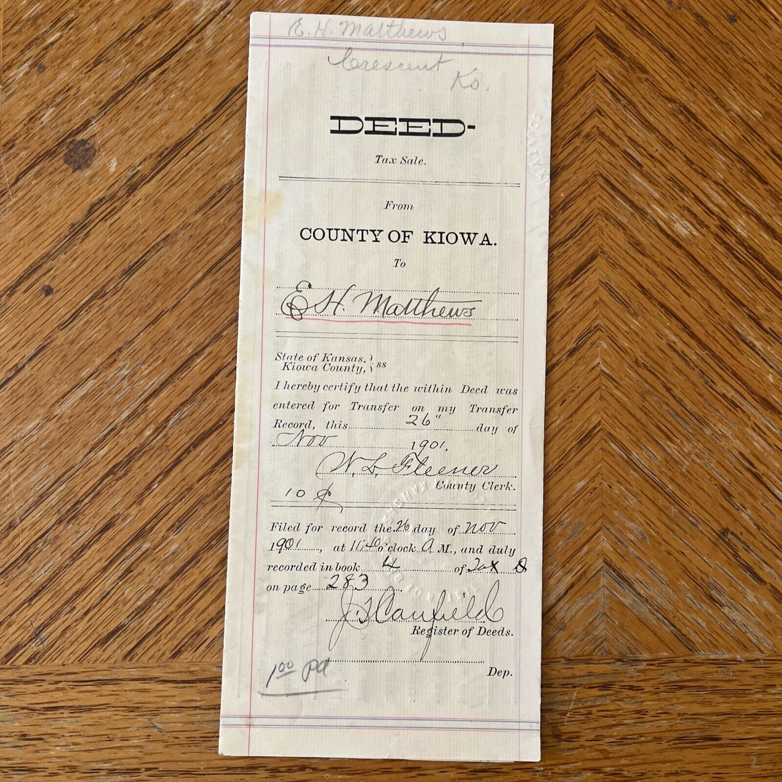 1901 Tax Deed Kiowa County Kansas