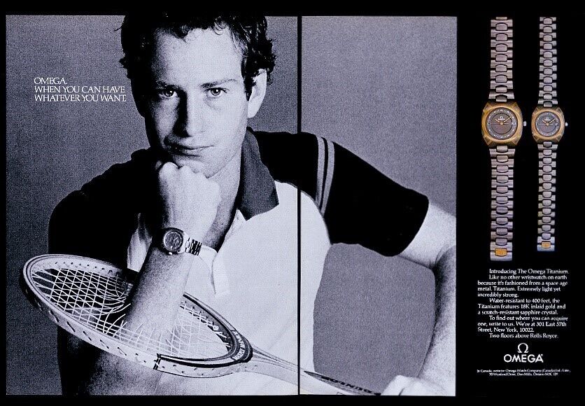 1982 John McEnroe photo arm thru racquet Omega Titanium watch vintage print ad