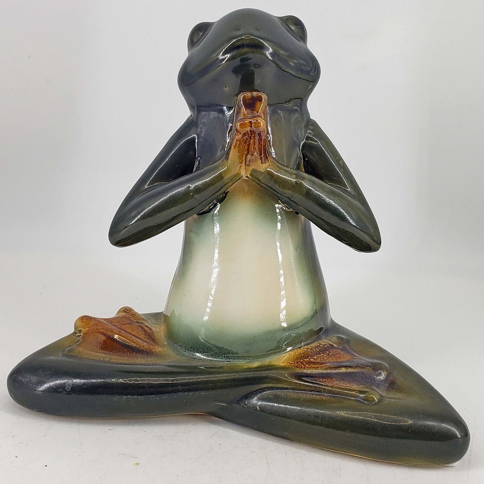 Pier One Green Ceramic Majolica Glazed Meditation Yoga Frog figurine 7\
