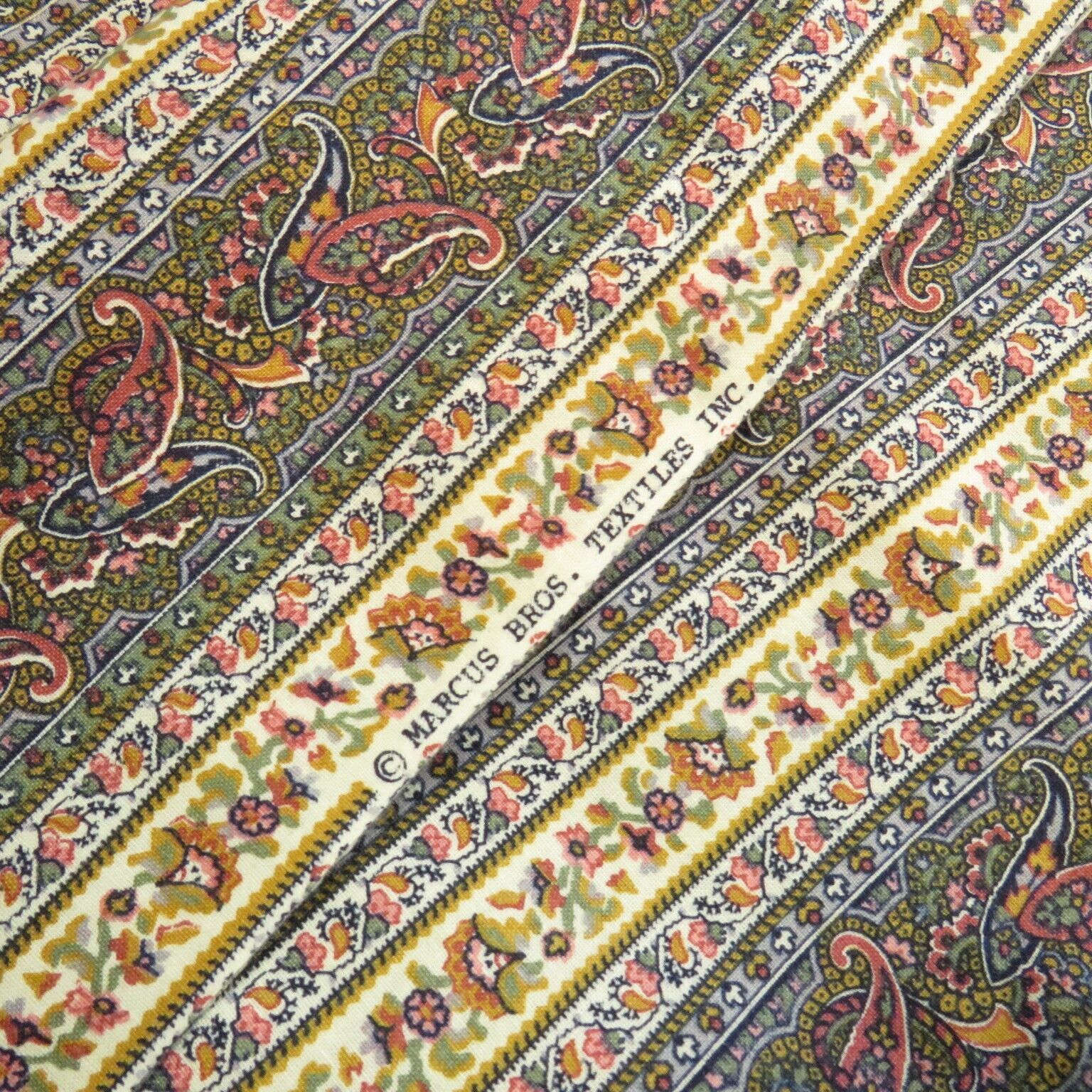 1.7 YD Vintage Marcus Bros Paisley Floral Stripe Fabric Cotton