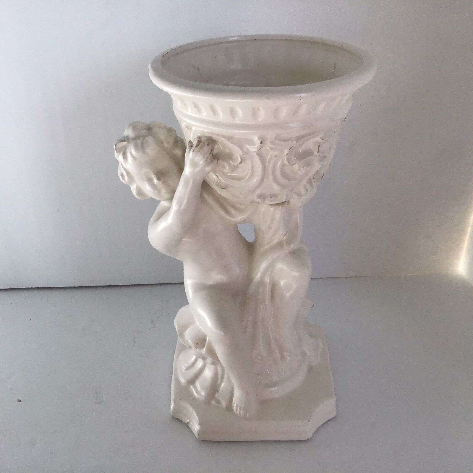 Vintage White Bisque  8” Pedestal Cherub Cupid Angel Bowl Rubens Original