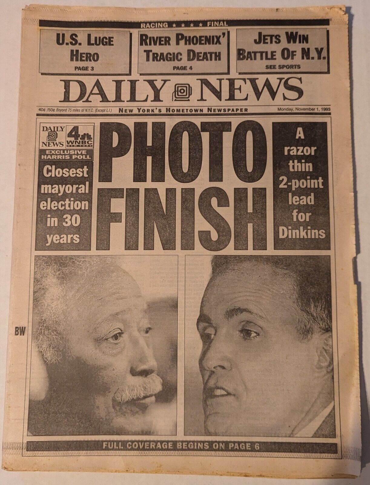 NY Daily Daily News 11/1/1993 Complete Newspaper - Photo Finish to NYC Mayor
