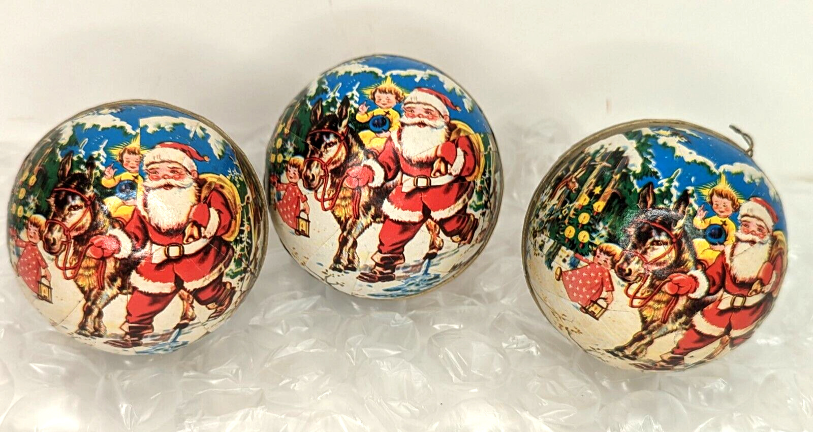 3 Western Germany Santa Claus Paper Mache Ball Candy Container Ornament Vintage