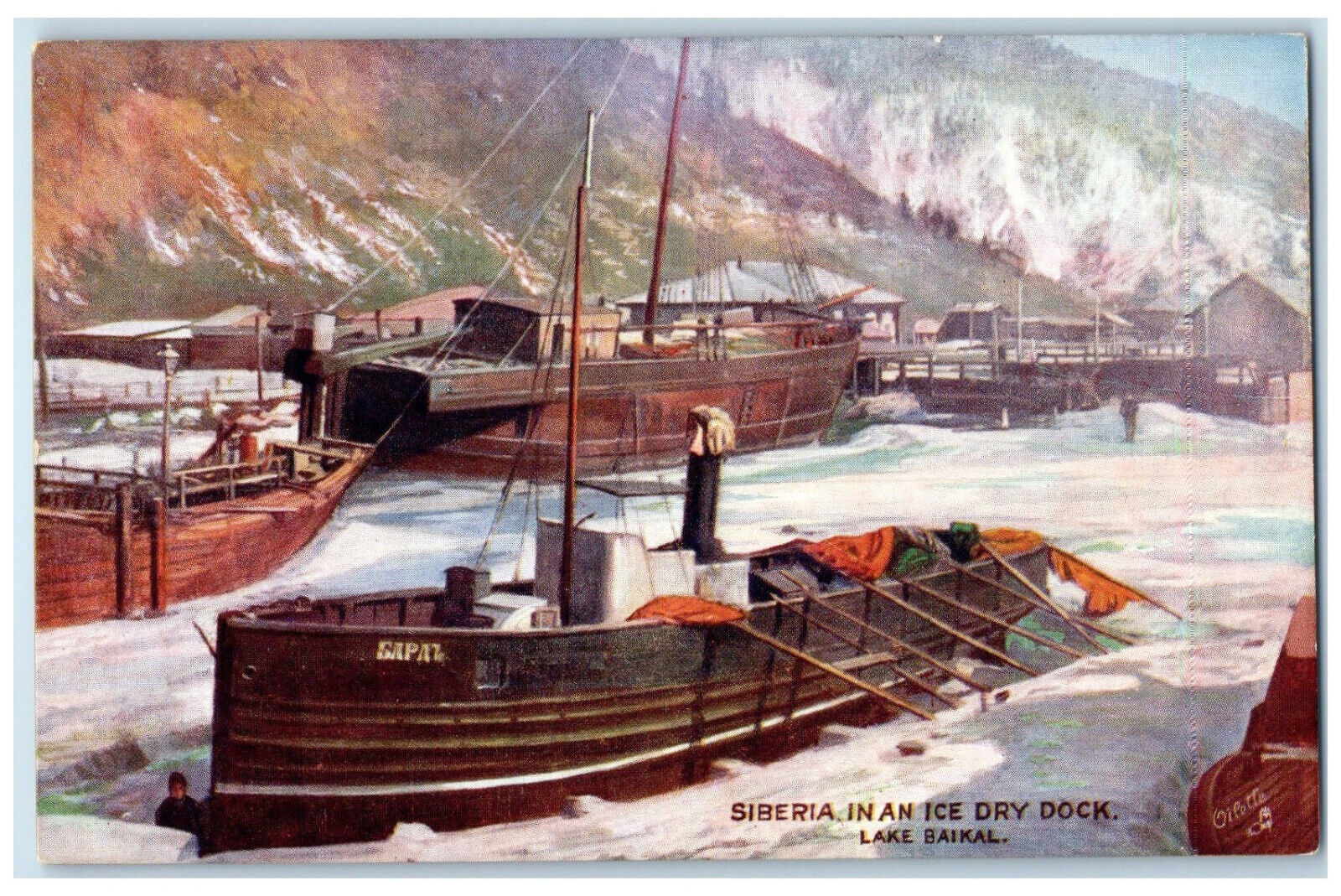 c1910 In An Ice Dry Dock Lake Baikal Siberia Oilette Tuck Art Postcard