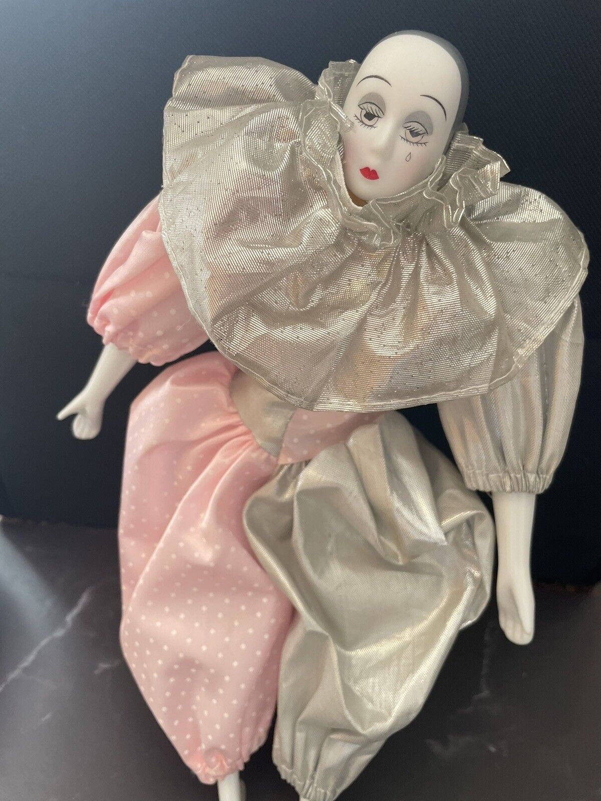 Harlequin Jester Clown Pink & Gray Porcelain Doll, 11” Tall & 4” Wide