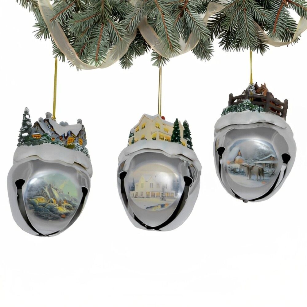 Ashton-Drake Winter Sleigh Bells #16 Ornament Set of 3 - Thomas Kinkade 3-inches