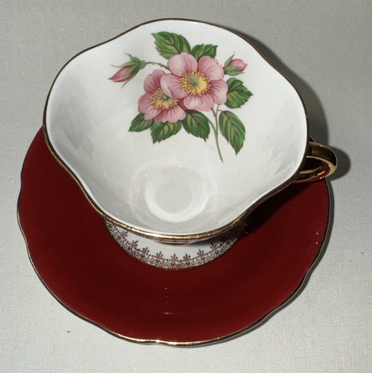 Maroon Clarence China Teacup & Saucer with Pink Anemone Flower / Made In England