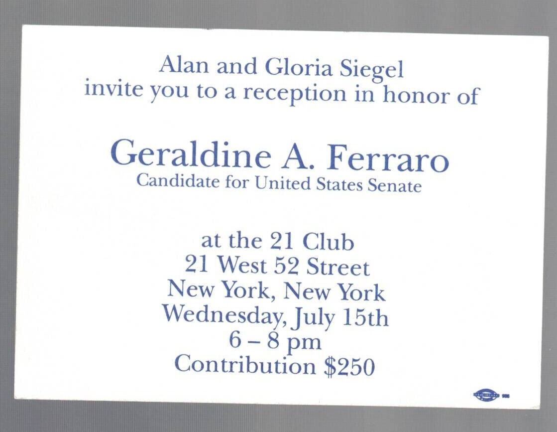 Geraldine Ferraro New York (D) US Senate candidate 1992 1998 21 Club invitation